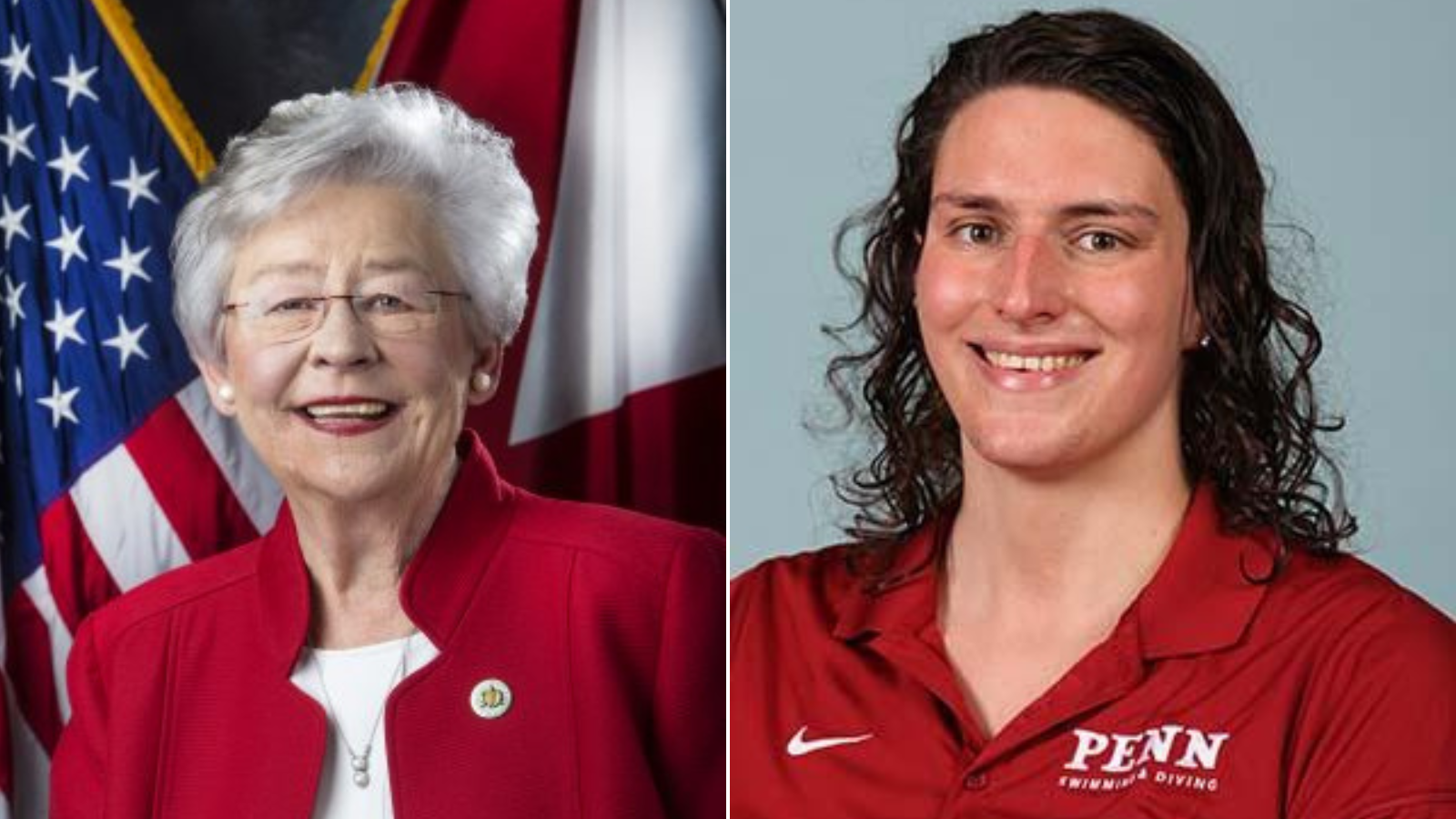 Gov. Kay Ivey (R-Ala) (left) and University of Pennsylvania male swimmer Will "Lia" Thomas - State of Alabaman / Penn Athletics