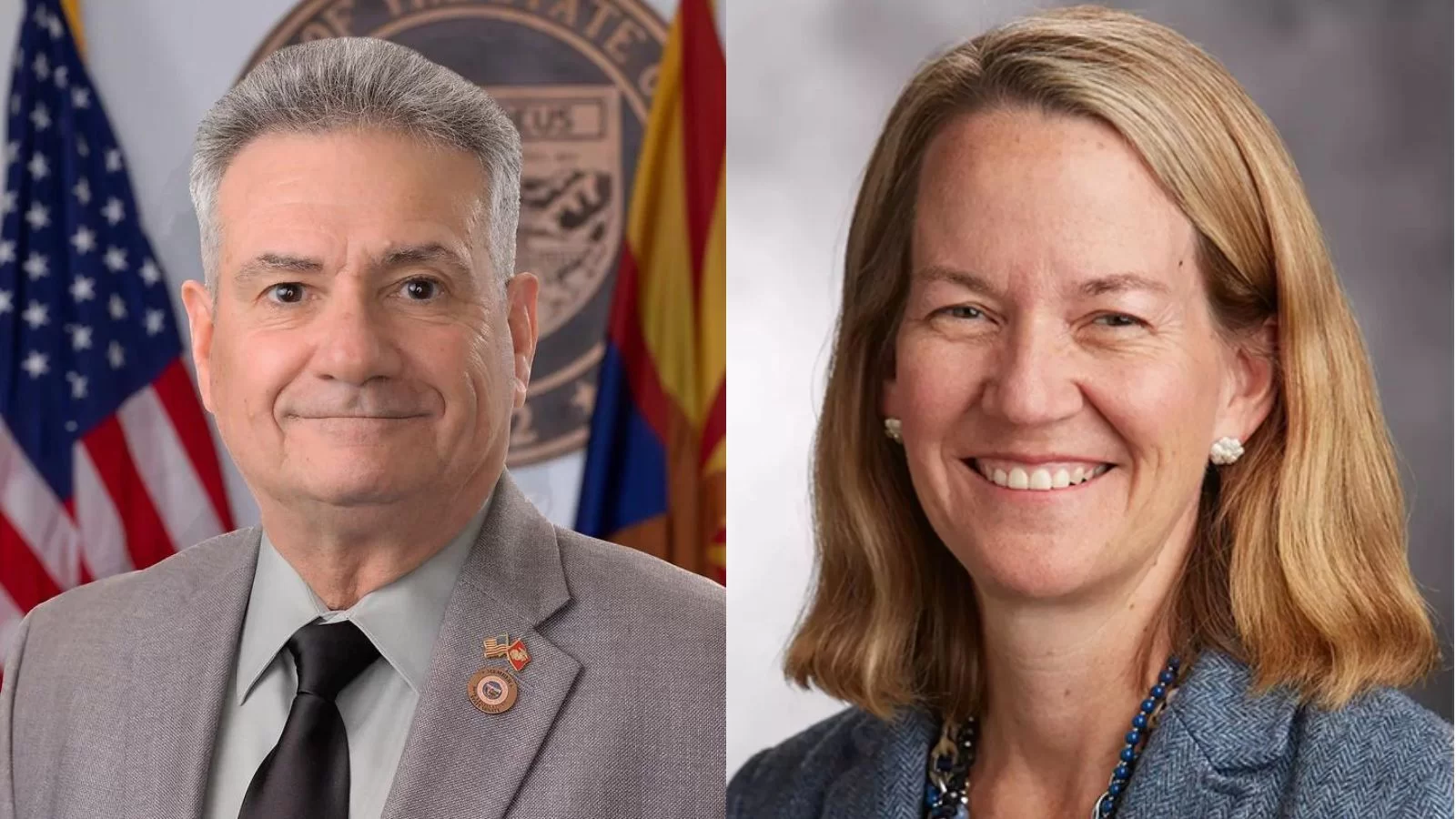 Ariz. Senate Majority Leader Sonny Borrelli (R-Lake Havasu City), left, and Attorney General Kris Mayes (D-Ariz.)
