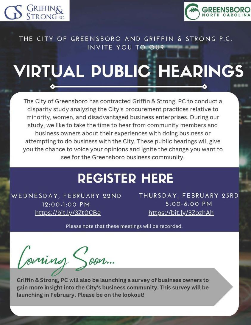 CITY OF GREENSBORO: Virtual Public Hearing on Feb 22 and 23