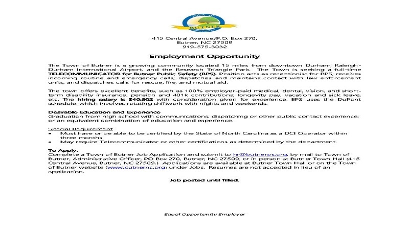 TOWN OF BUTNER: Hiring For Telecommunicator for Butner Public Safety