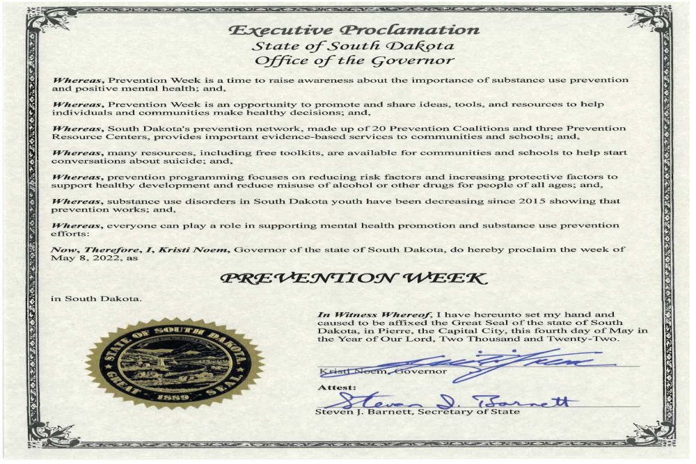 Governor Noem makes May 8-14 Prevention Week in South Dakota Governor Noem makes May 8-14 Prevention Week in South Dakota