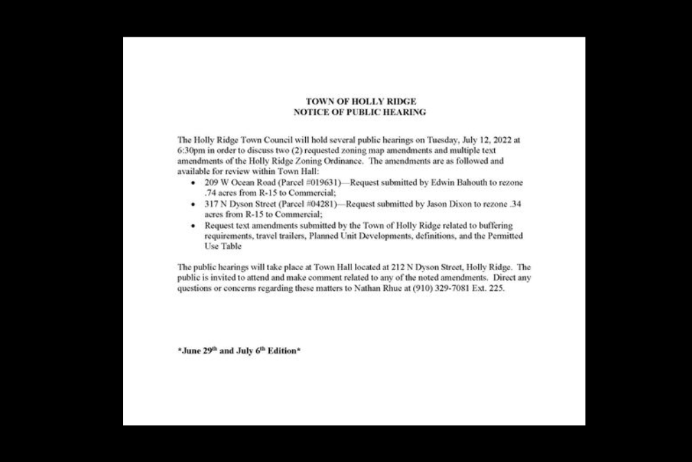 TOWN OF HOLLY RIDGE: Notice of Public Hearing July 12th, 2022