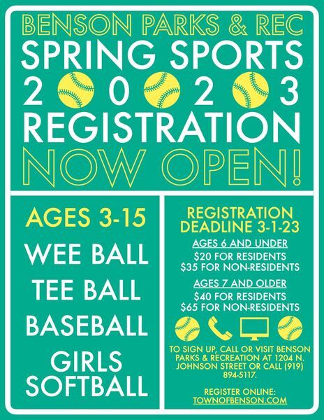 TOWN OF BENSON PARKS AND RECREATION DEPARTMENT: Spring Sports and Adult Kickball Signups