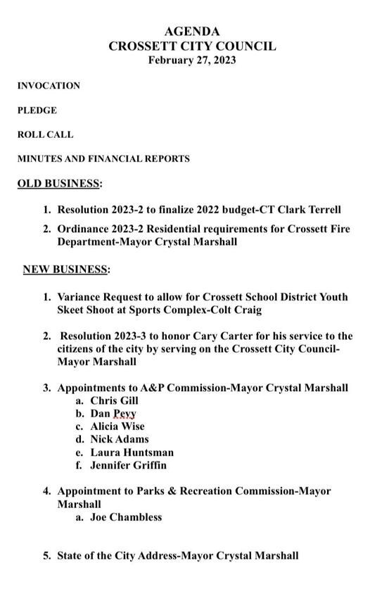 Council Meeting to be held Feb. 27, 2023