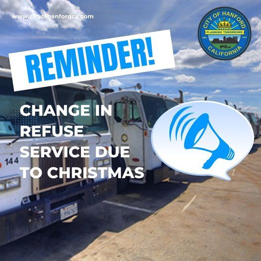 NOTICE: Change in refuse service due to Christmas. NOTICE: Change in refuse service due to Christmas.