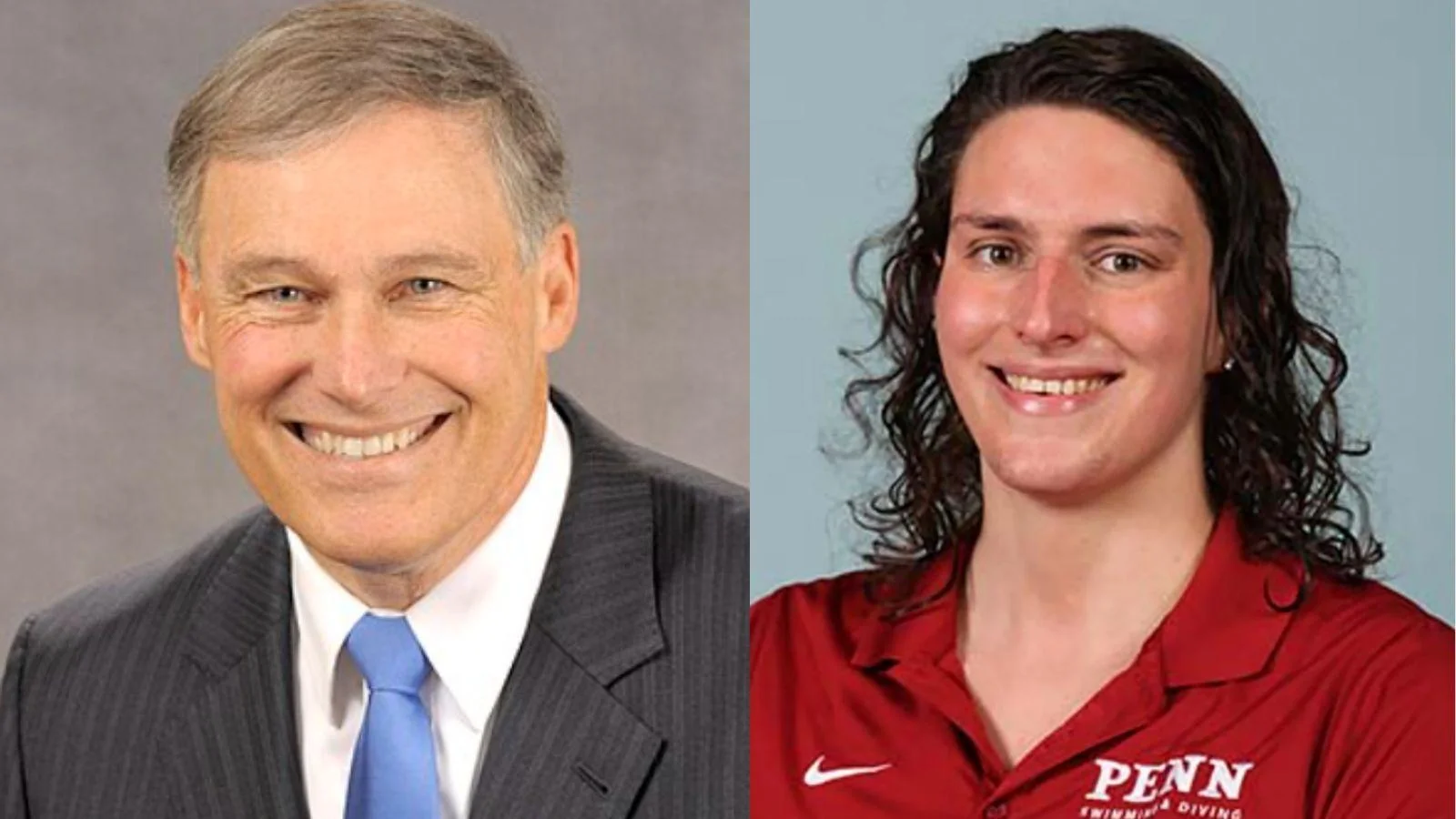Washington Gov. Jay Inslee, left, and University of Pennsylvania male swimmer Will "Lia" Thomas Washington Gov. Jay Inslee, left, and University of Pennsylvania male swimmer Will "Lia" Thomas
