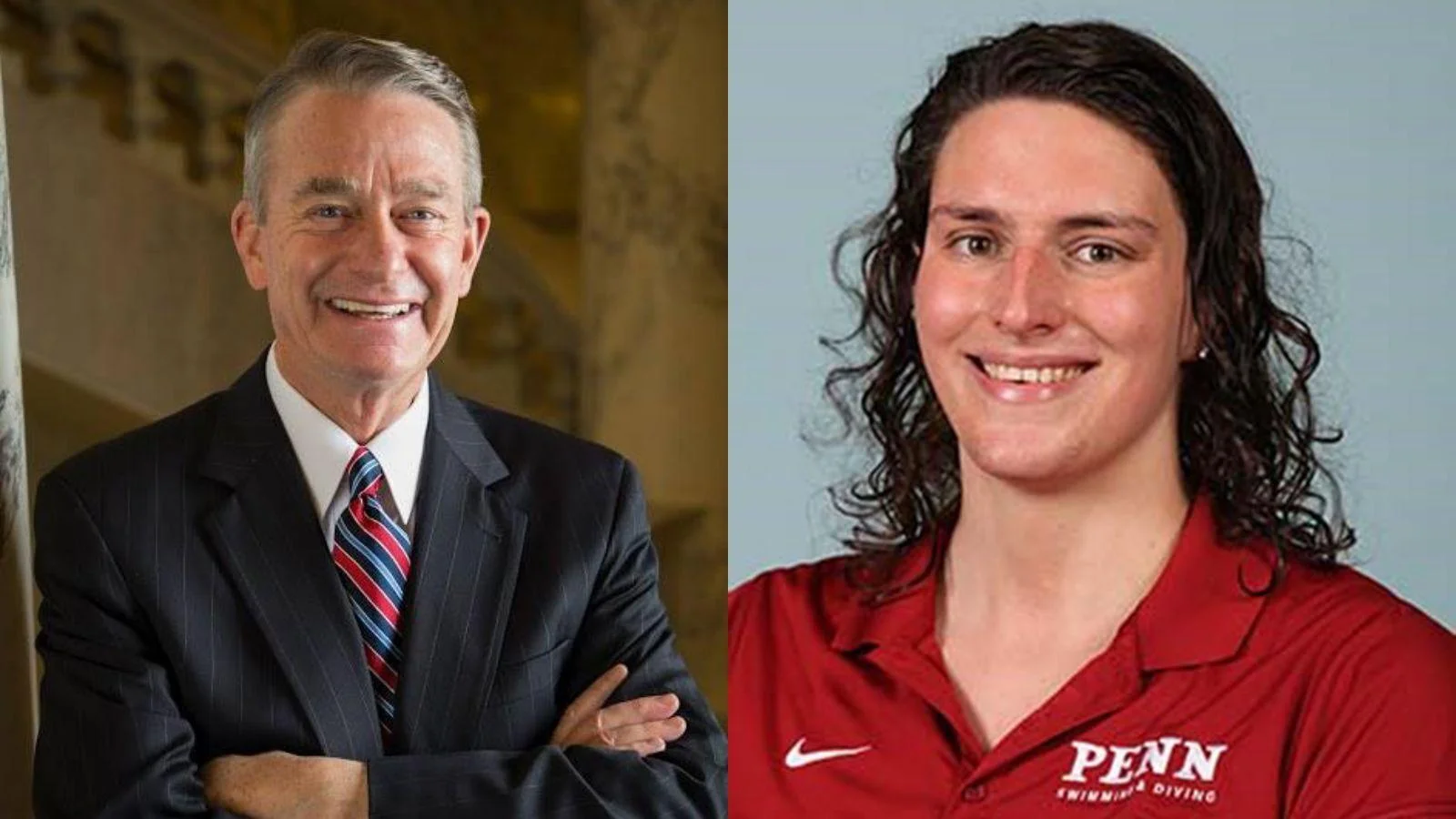 Idaho Gov. Brad Little, left, and University of Pennsylvania male swimmer Will "Lia" Thomas - State of Idaho / Penn Athletics