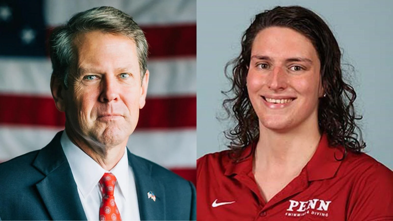 Georgia Gov. Brian Kemp, left, and University of Pennsylvania male swimmer Will "Lia" Thomas - State of Georgia / Penn Athletics