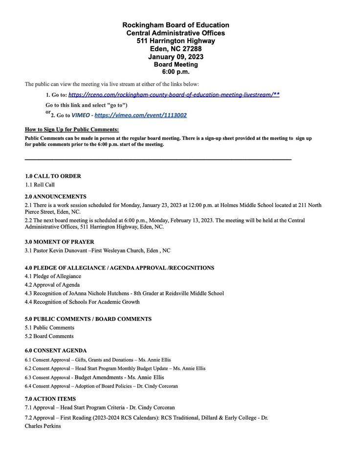 ROCKINGHAM COUNTY SCHOOLS: County Schools Board of Education January Meeting on January 9