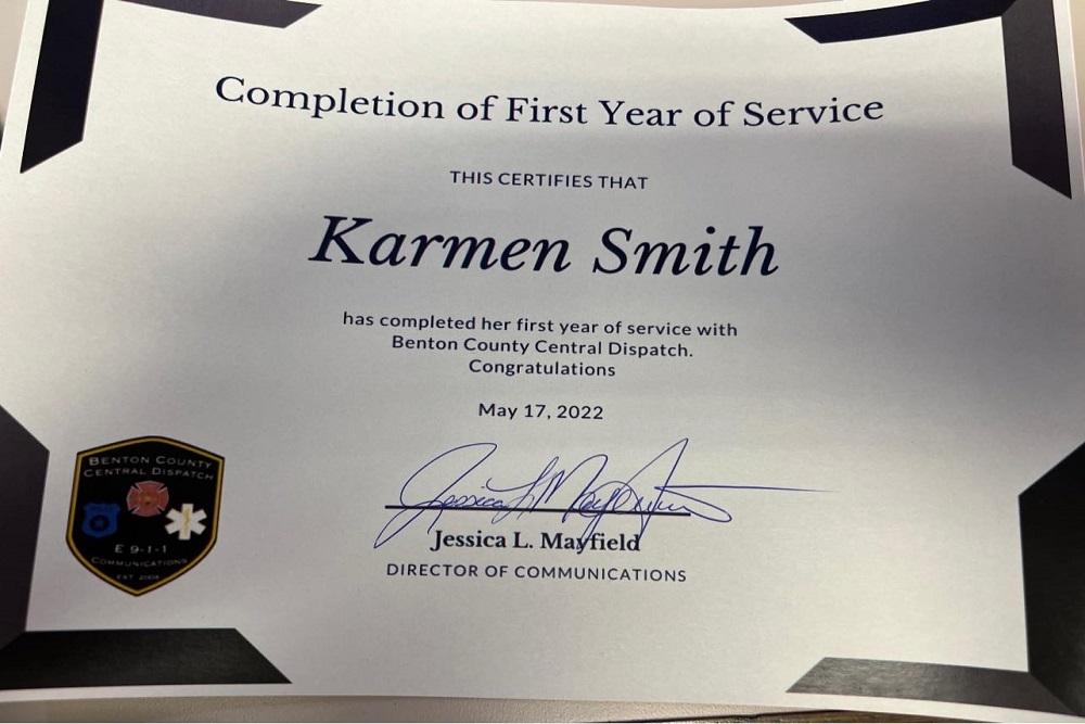 Benton County Missouri 911 – Congratulations to Karmen Smith for Completing Her 1st Year With Benton County 911