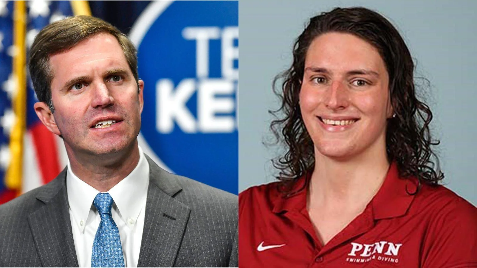 Kentucky Gov. Andy Beshear, left, and University of Pennsylvania male swimmer Will "Lia" Thomas - State of Kentucky / Penn Athletics
