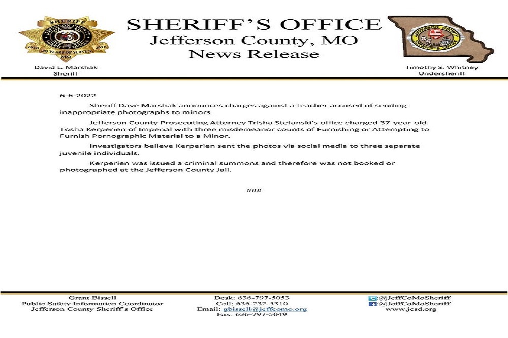 Jefferson County Sheriff’s Office – The Jefferson County Prosecutor’s Office Issued Charges Against a Fox C-6 School District Teacher
