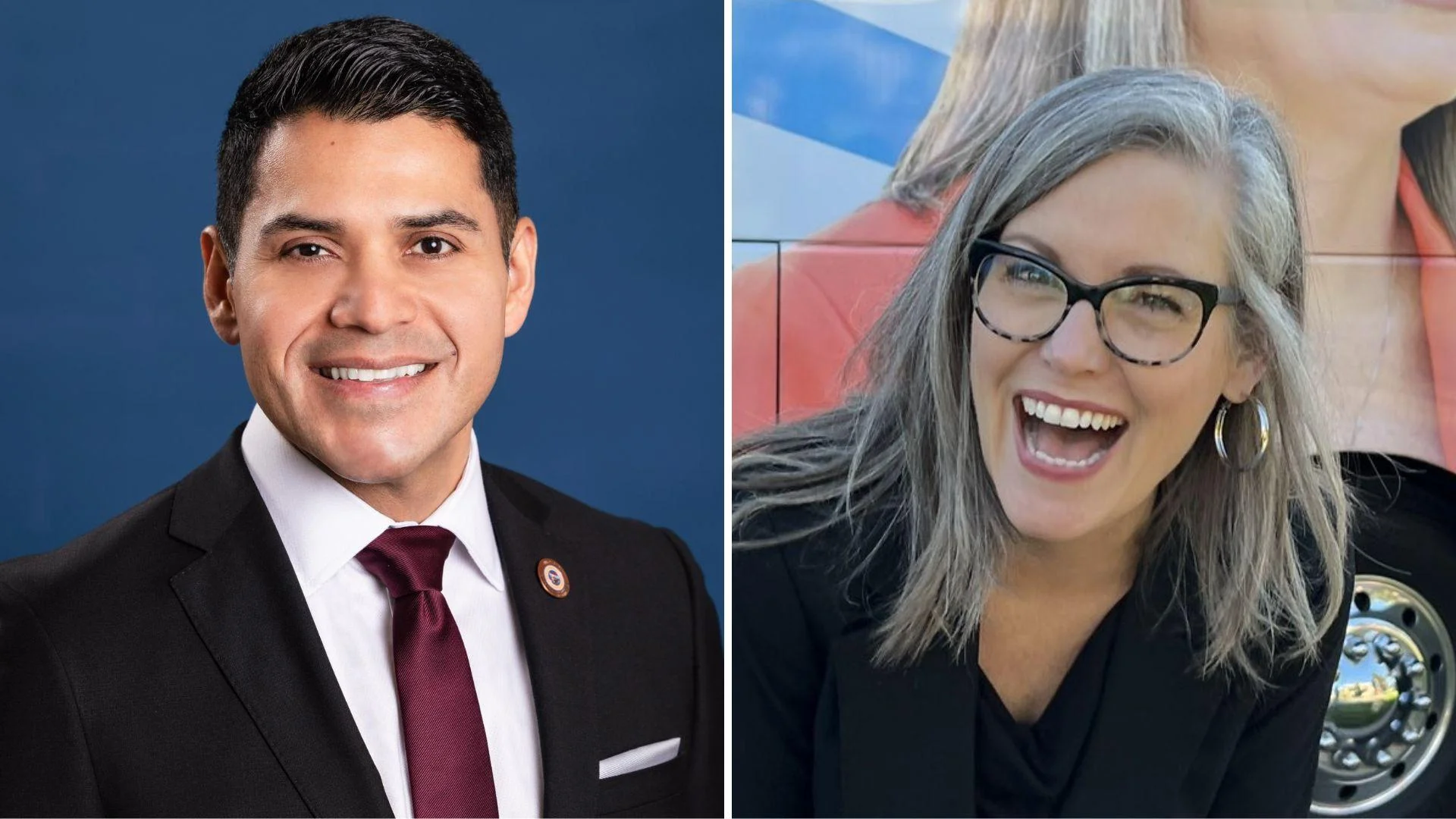 AZ House Speaker Steve Montenegro (R-Goodyear), left, and Gov. Katie Hobbs (D-Ariz.)