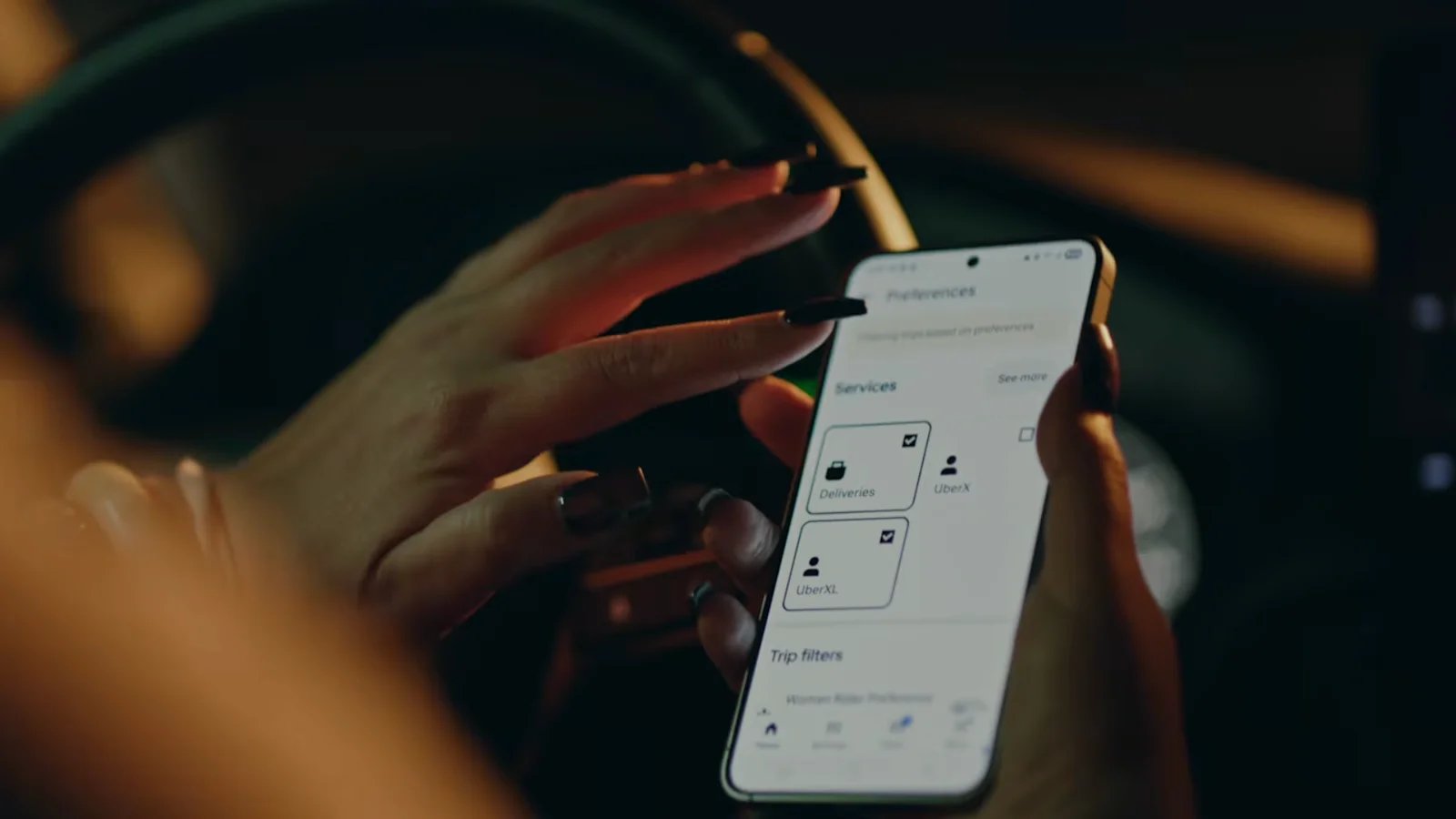 User views ride preferences in the Uber app