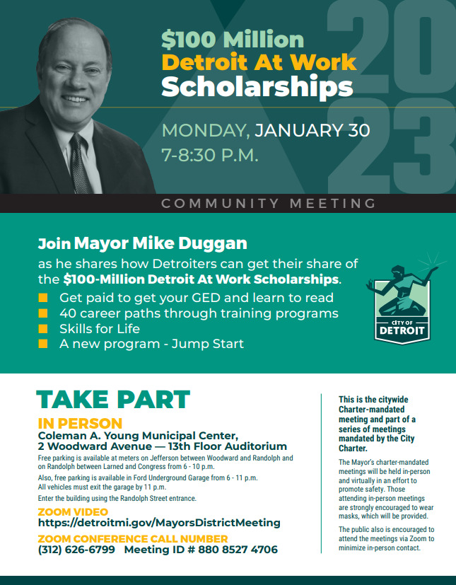 0 million Detroit At Work scholarships community meeting Jan. 30