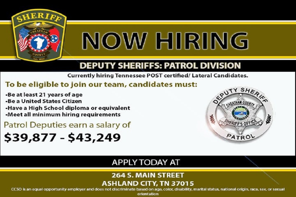 Cheatham County Sheriff’s Office is currently hiring Tennessee POST Certified/ Lateral Candidates