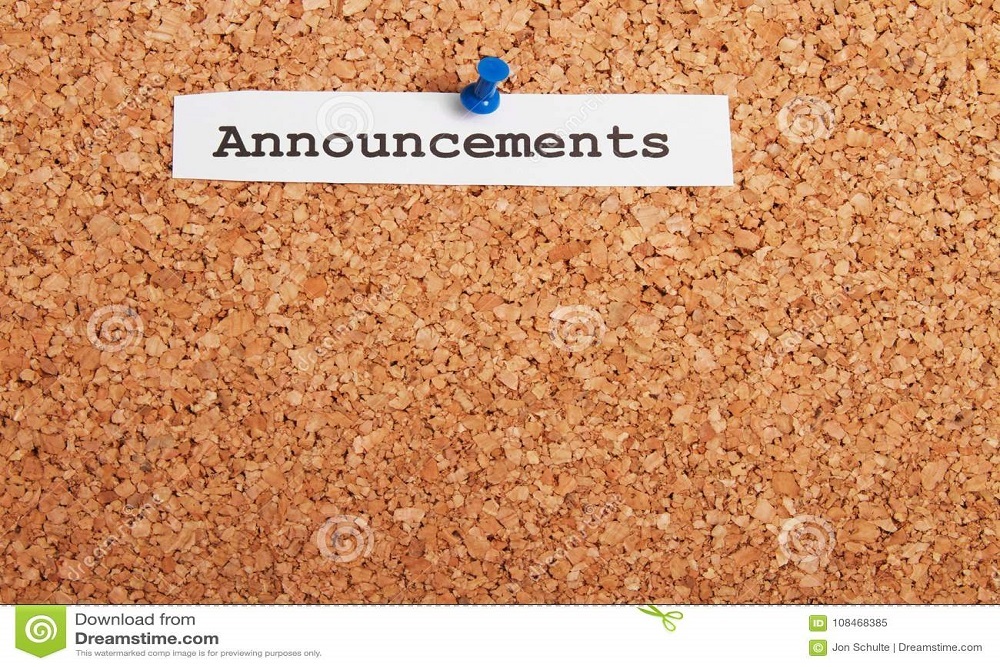 Announcements Thursday, May 26, 2022