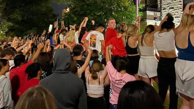 Demonstrators protest at the Phi Gamma Delta fraternity at the University of Nebraska, Lincoln.