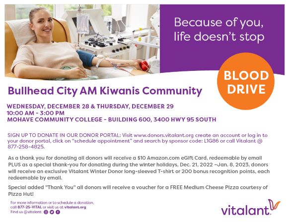 Blood Drive Bullhead City AM Kiwanis Community on December 28 – 29