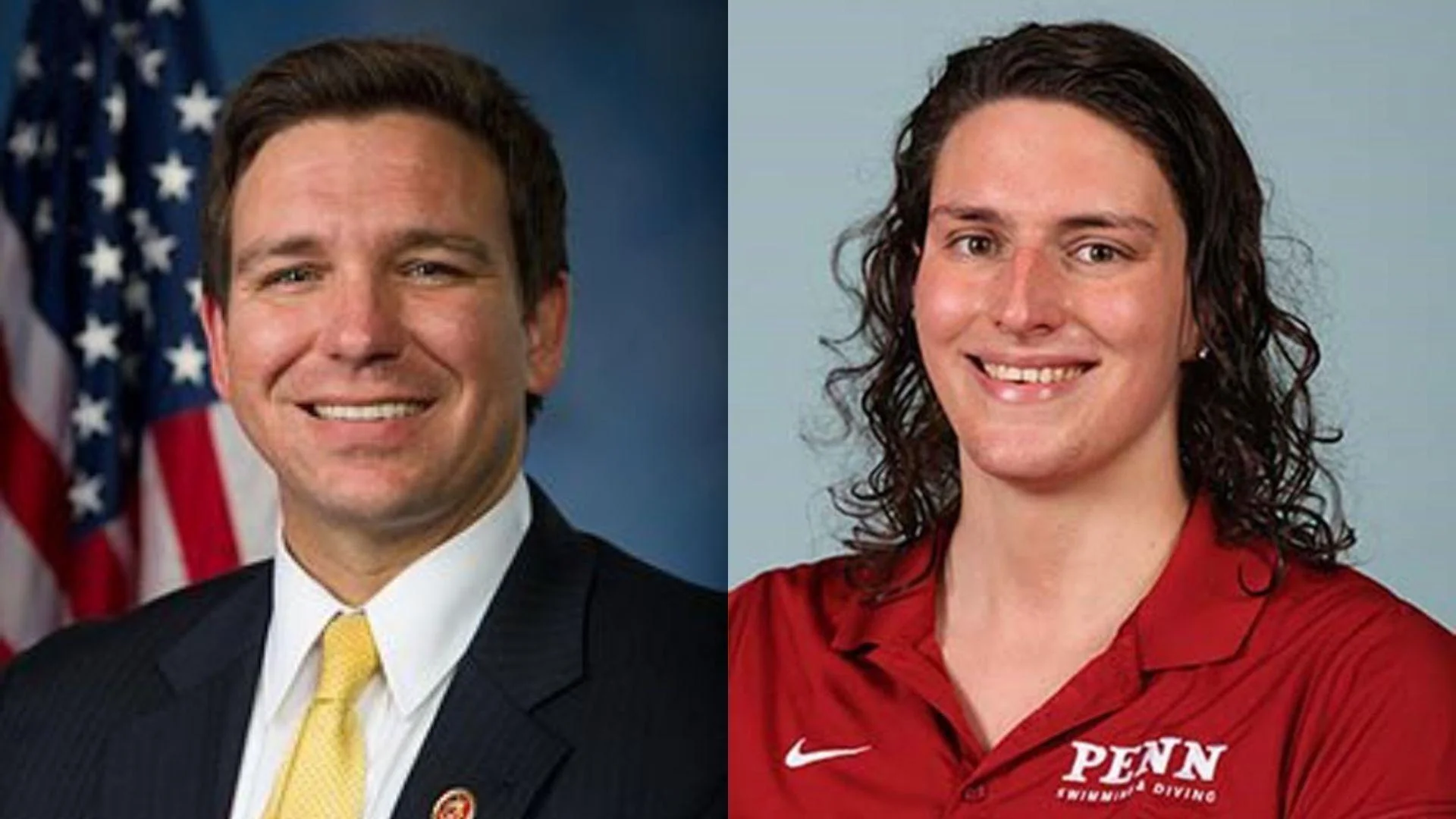 Florida Gov. Ron DeSantis, left, and University of Pennsylvania male swimmer Will "Lia" Thomas - State of Florida / Penn Athletics