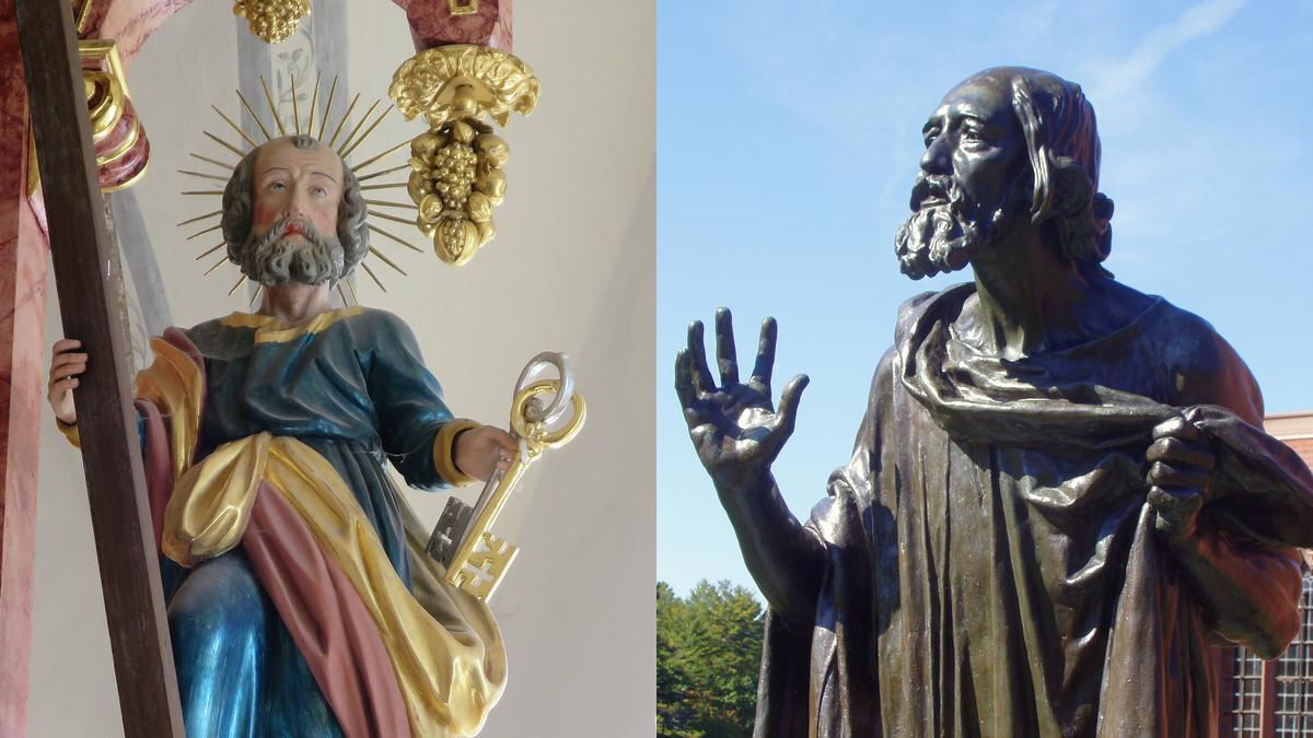 Statues of St. Peter (left) and St. Paul (right), who share a feast day on the Catholic calendar. Statues of St. Peter (left) and St. Paul (right), who share a feast day on the Catholic calendar.