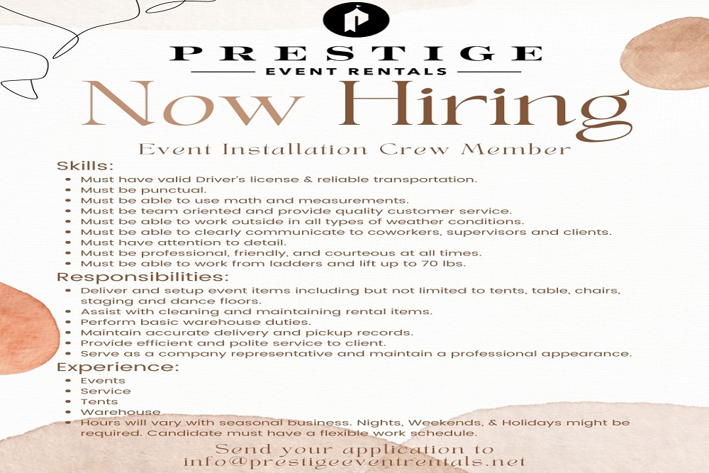 Prestige Event Rentals Is Hiring