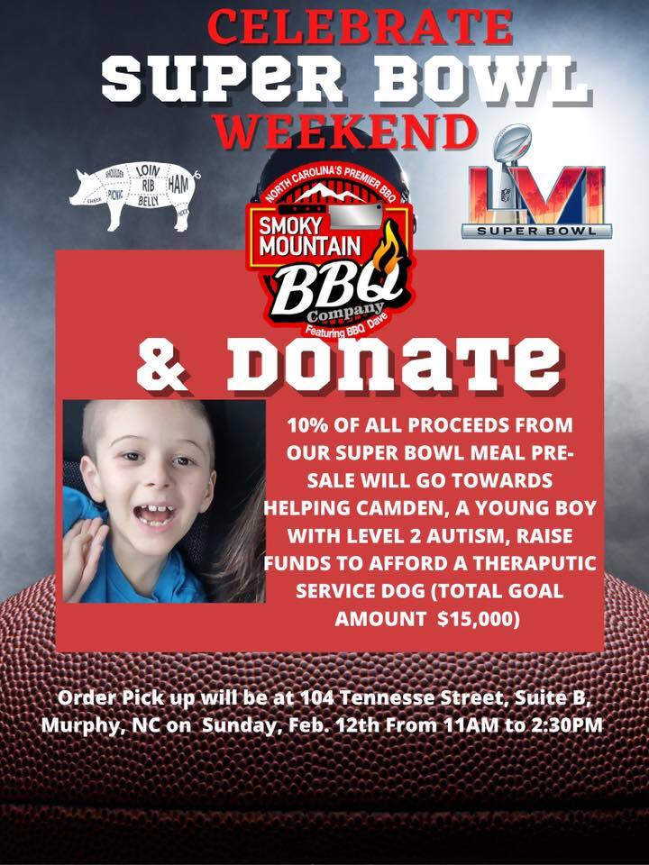 COUNTY OF CHEROKEE CHAMBER OF COMMERCE: Super Bowl Wings & Ribs Pre-Order and Fundraiser for Camden’s Service Dog