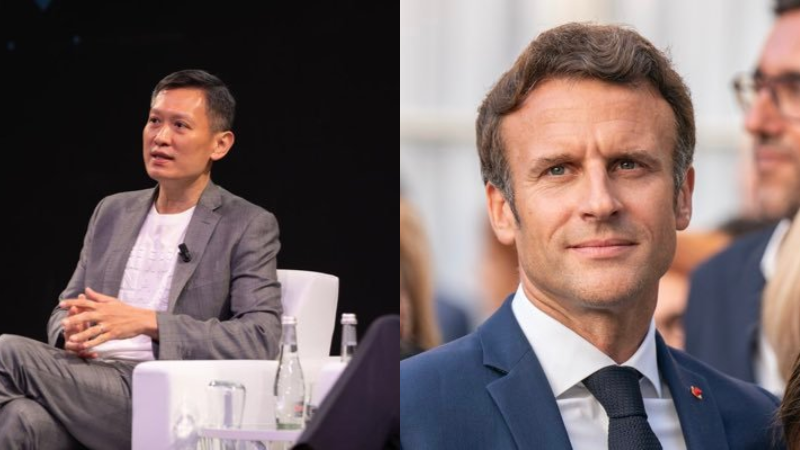 Binance CEO Richard Teng (left) and President Emmanuel Macron (right)