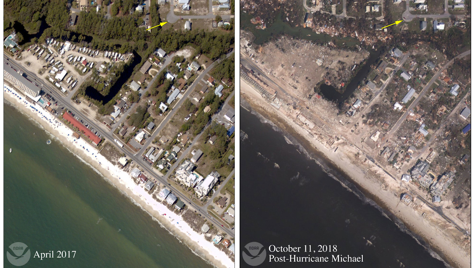 Entire buildings were swept off their foundations by Hurricane Michael’s destructive storm surge in Mexico Beach. Sand from the beach has covered the roadways, indicating that surge and waves easily overtopped the dunes and seawalls.