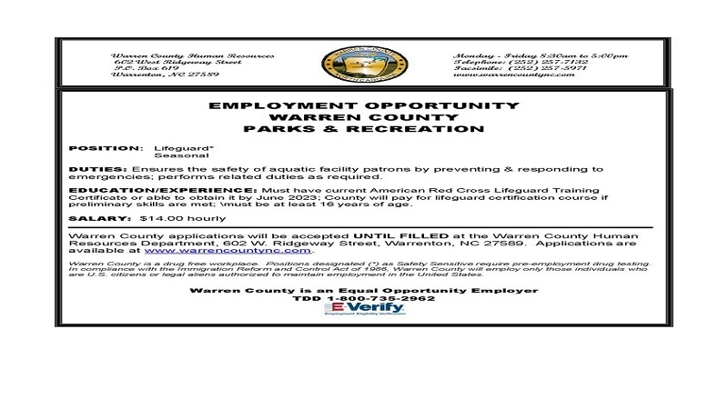 COUNTY OF WARREN PARKS AND REREATION DEPARTMENT: Hiring for Lifeguard Position