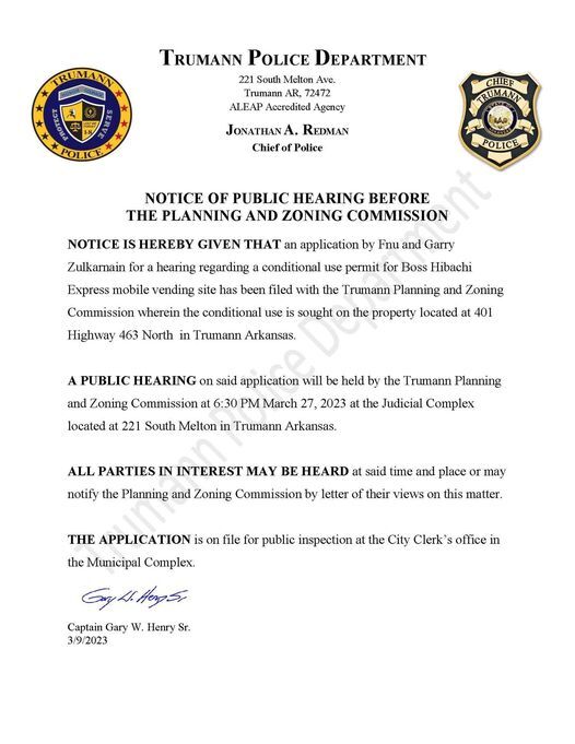 Notice of public hearing before the Planning and Zoning commission