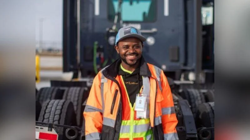 Abel Tuyisenge drives an Amazon day cab in Rockford, Illinois Abel Tuyisenge drives an Amazon day cab in Rockford, Illinois