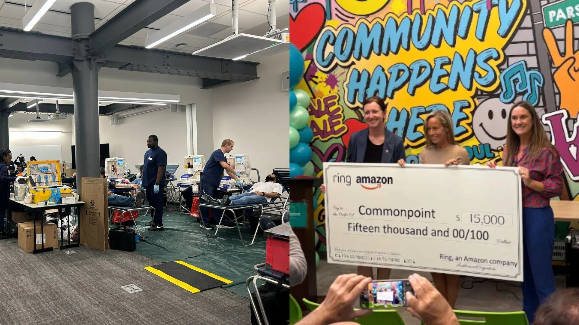 Left: Amazon employees donate blood with New York Blood Center amid regional shortages. Right: Commonpoint Queens receives Ring devices and support for older adults in Northeast Queens