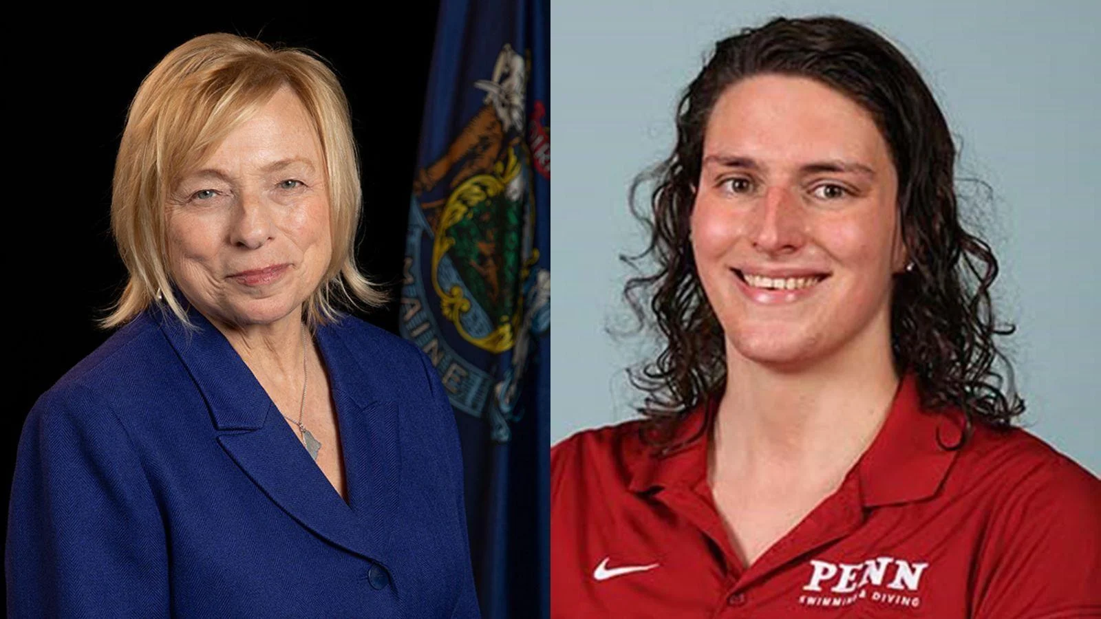 Maine Gov. Janet Mills, left, and University of Pennsylvania male swimmer Will "Lia" Thomas - State of Maine / Penn Athletics