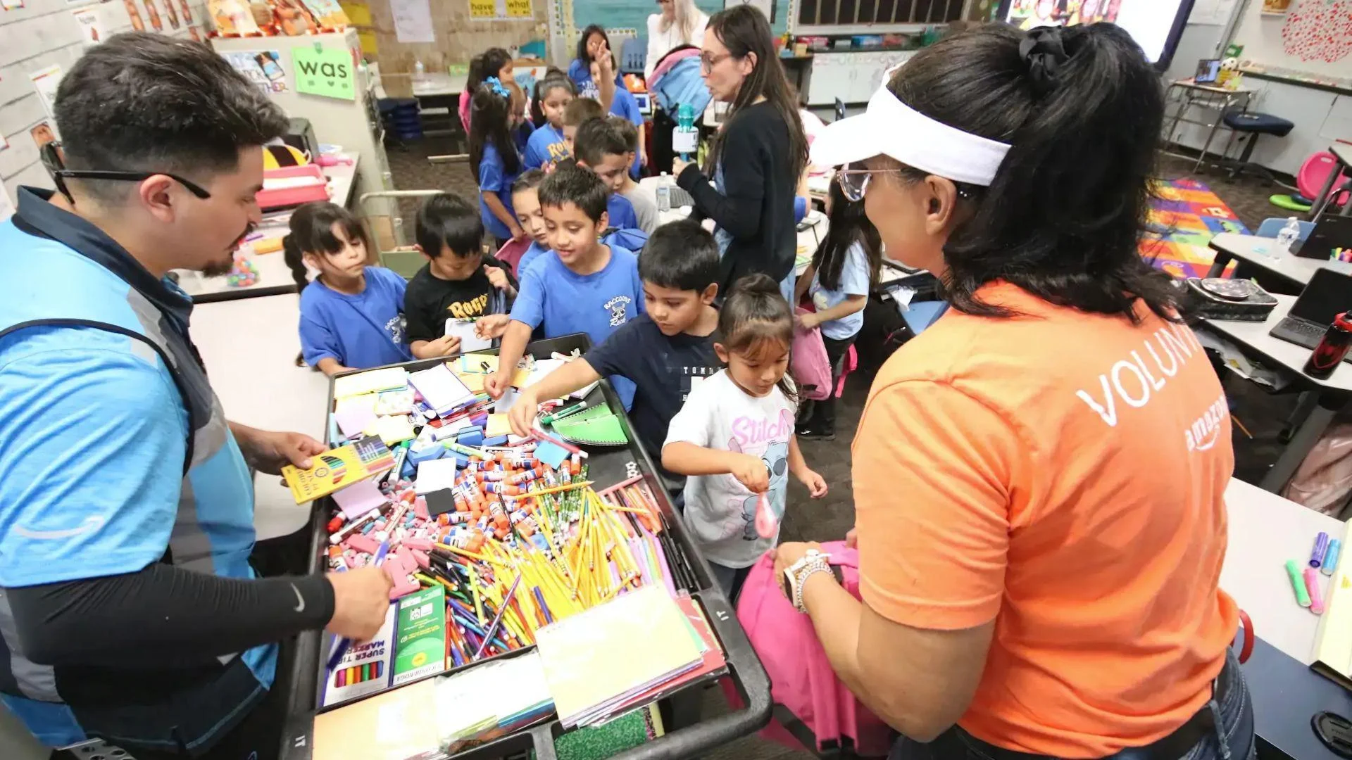 Amazon worker handing out gifts