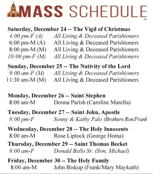 Our apology for the error occured due to typing error for the Mass on Christmas Day, December 25, Sunday, in Masontown