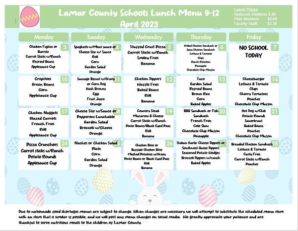 Lamar County Board of Education: April 2023 Lunch Menus