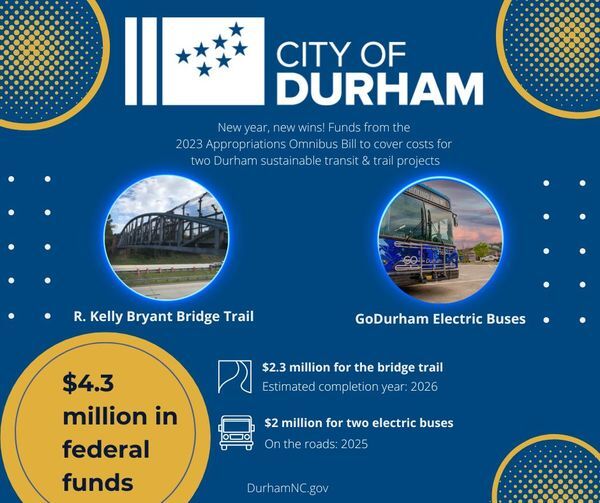 CITY OF DURHAM: Receives .3 Million in Federal Funds for Transit and Trail Projects