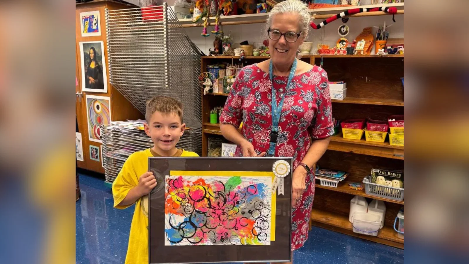 Amy Kidder, art educator at Mary Walter Elementary, Cole Thompson, student at Mary Walter Elementary