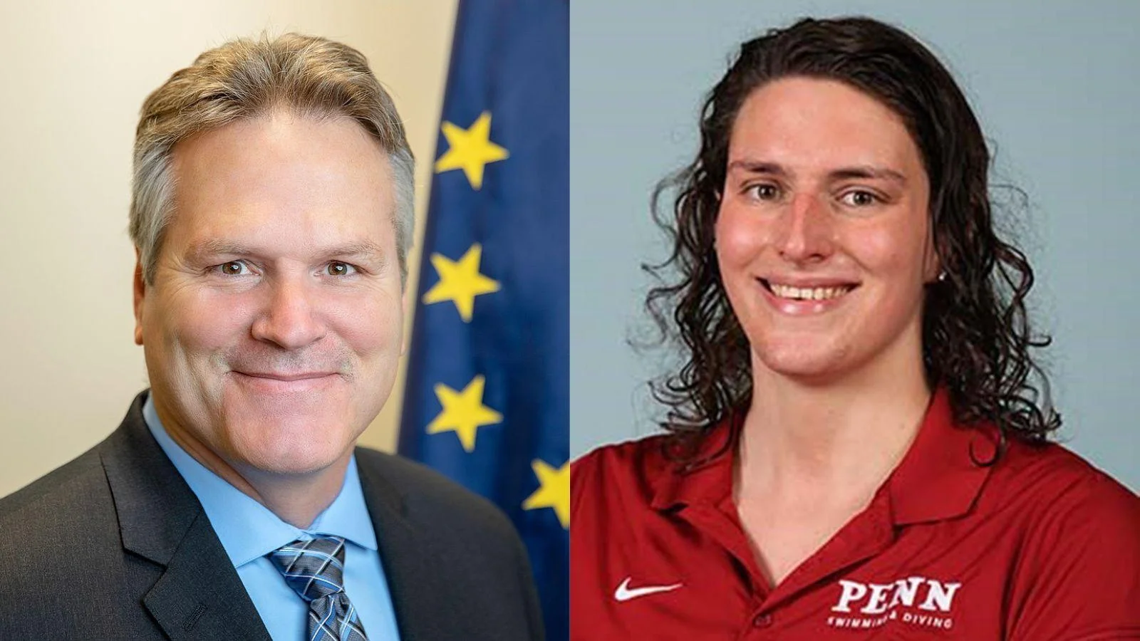 Alaska Gov. Mike Dunleavy, left, and University of Pennsylvania male swimmer Will "Lia" Thomas - State of Alaska / Penn Athletics