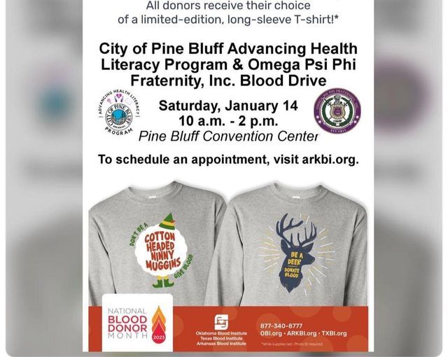 CITY OF PINE BLUFF: Omegas and AR Blood Institute blood drive to be held Jan. 14, 2023