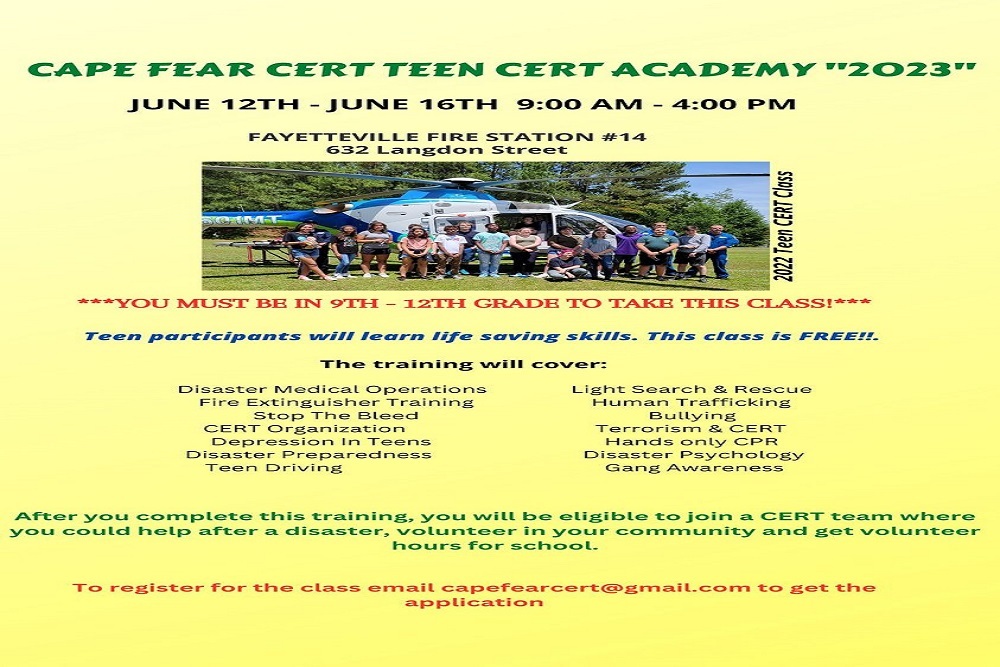 CITY OF FAYETTEVILLE: CERT will be hosting Teen CERT Academy from June 12 to June 16!