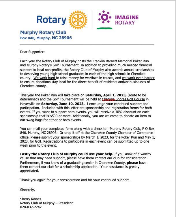 COUNTY OF CHEROKEE CHAMBER OF COMMERCE: Rotary Club of Murphy, NC spring events!