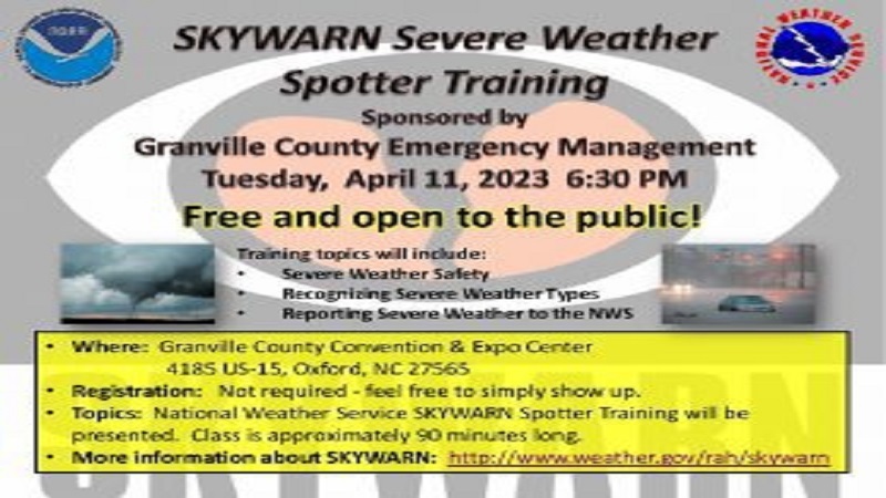 COUNTY OF GRANVILLE: Emergency Management Hosting SKYWARN Training April 11
