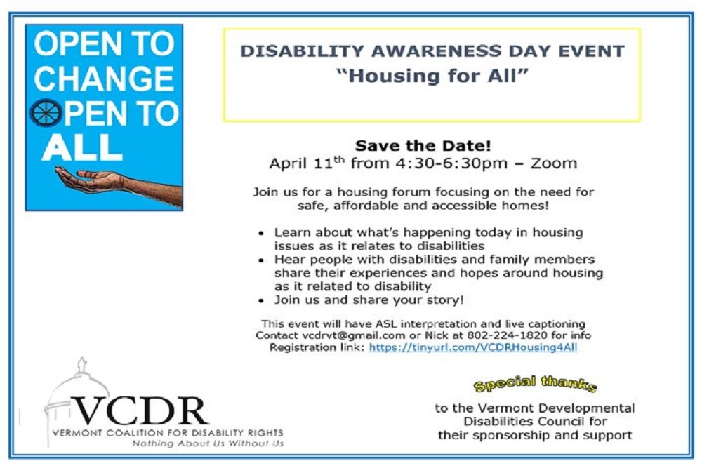 United Way of Northwest Vermont: Vermont Coalition for Disability Rights is hosting a “Housing for All”
