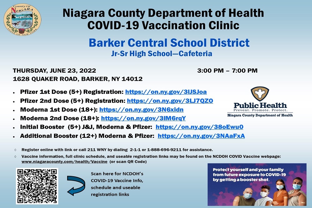 Niagara County Department of Health – Free COVID-19 Vaccination Booster Clinic Thursday, June 23 Niagara County Department of Health – Free COVID-19 Vaccination Booster Clinic Thursday, June 23