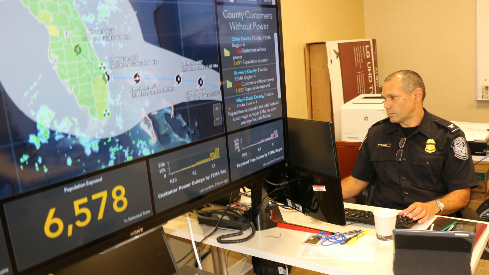 U.S. Customs and Border Protection Region IV Emergency Operations Center personnel supporting Federal Emergency Management Agency partners monitor final preparations for Hurricane Dorian. - CBP Photography