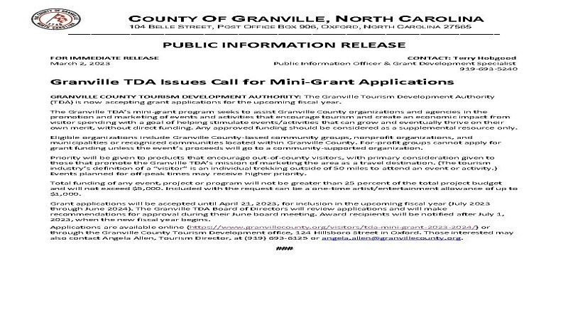 TOWN OF BUTNER: Granville Tourism Development Authority is Offering Mini-grants