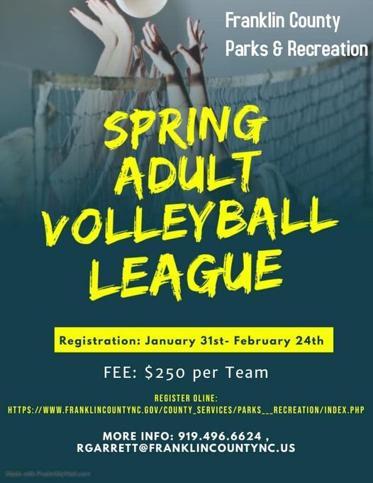 COUNTY OF FRANKLIN PARKS AND RECREATION: Spring Adult Co-Ed Volleyball League Registration Is Now Open