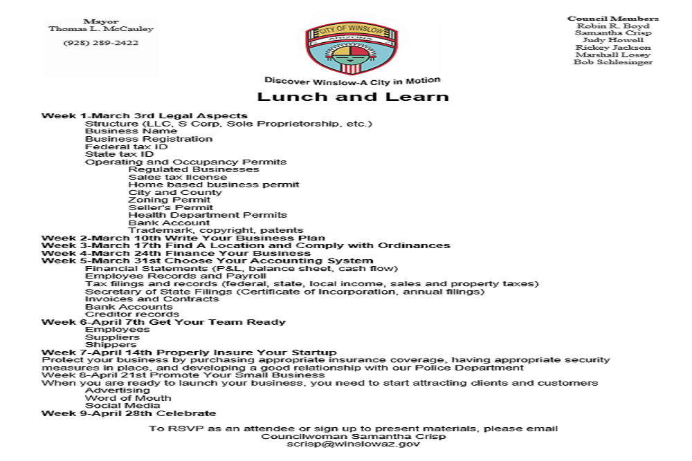 WINSLOW CHAMBER OF COMMERCE: Lunch and Learn to be held April 14.